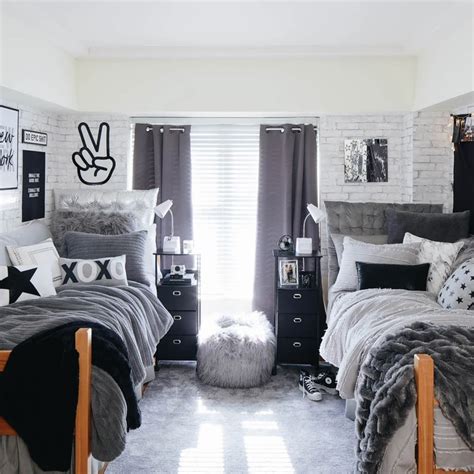 black and white dorm room|blue and grey dorm room.